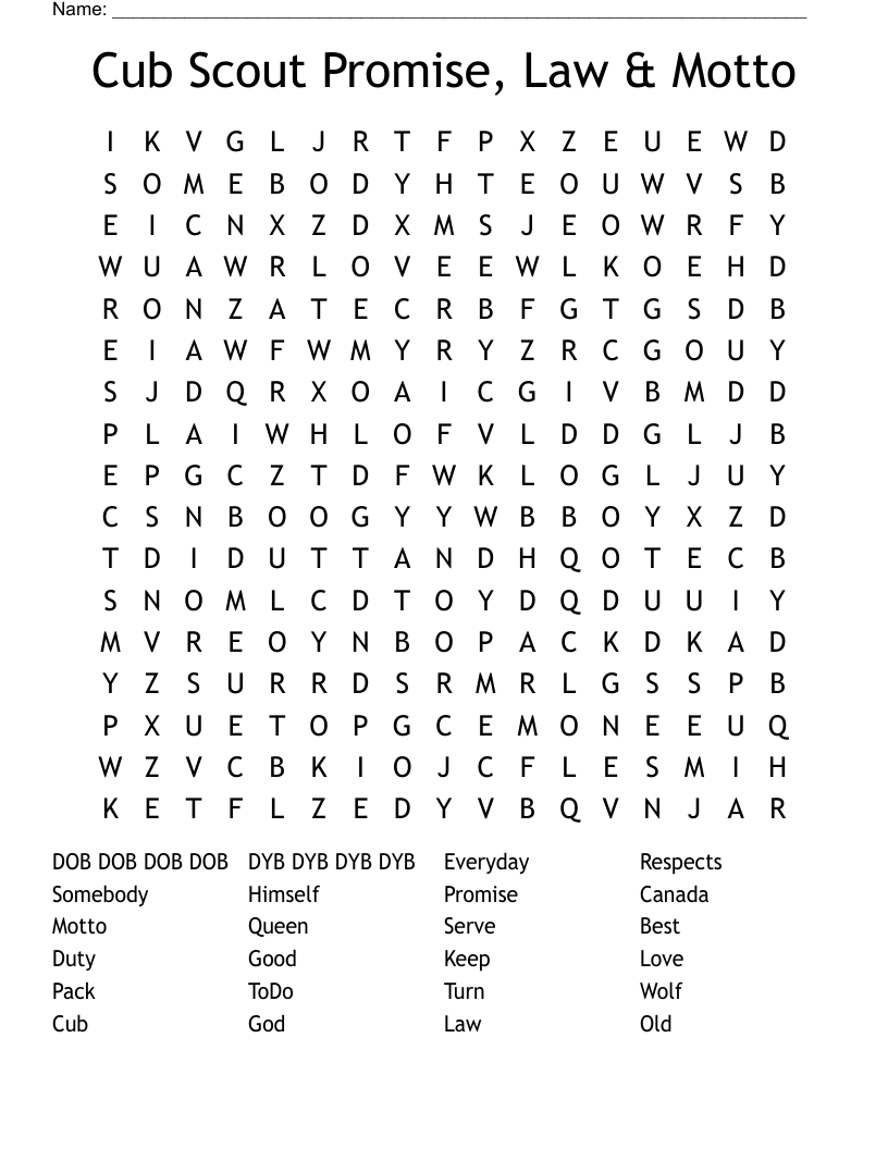 Cub Scout Promise, Law & Motto Word Search
