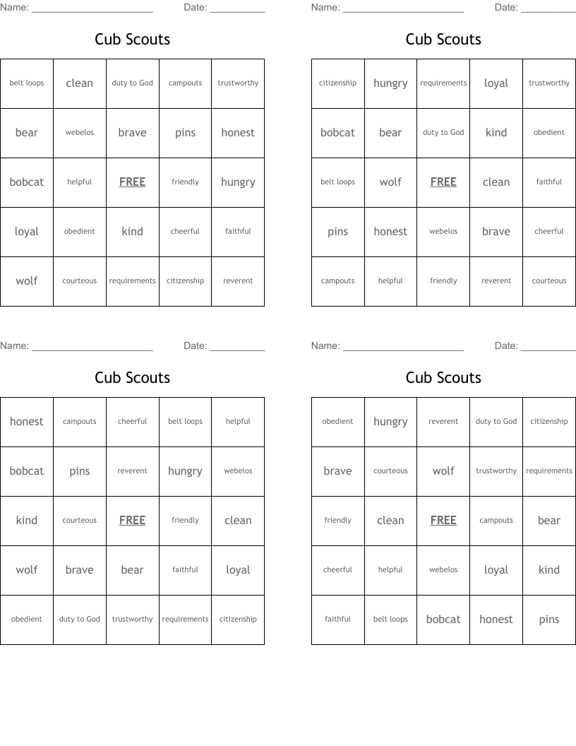 Cub Scouts Bingo Cards