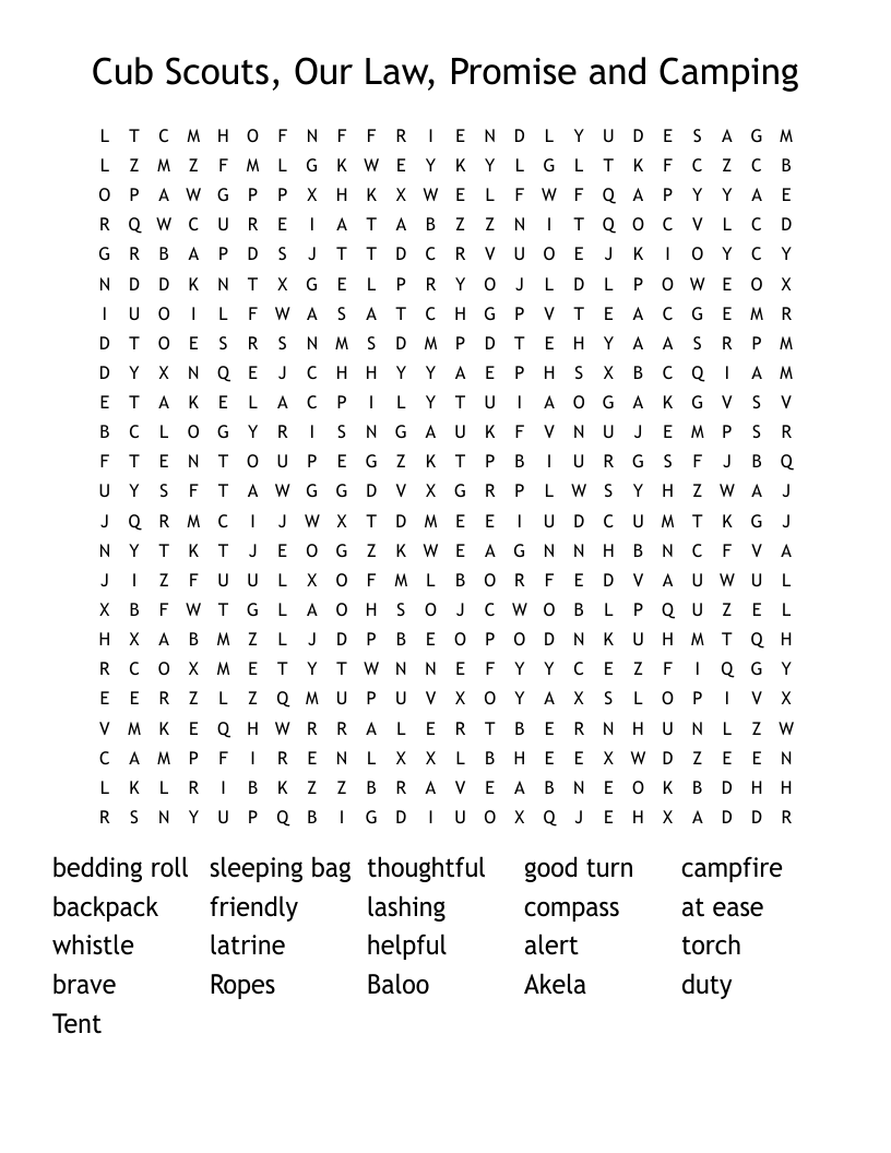 Cub Scouts, Our Law, Promise and Camping Word Search