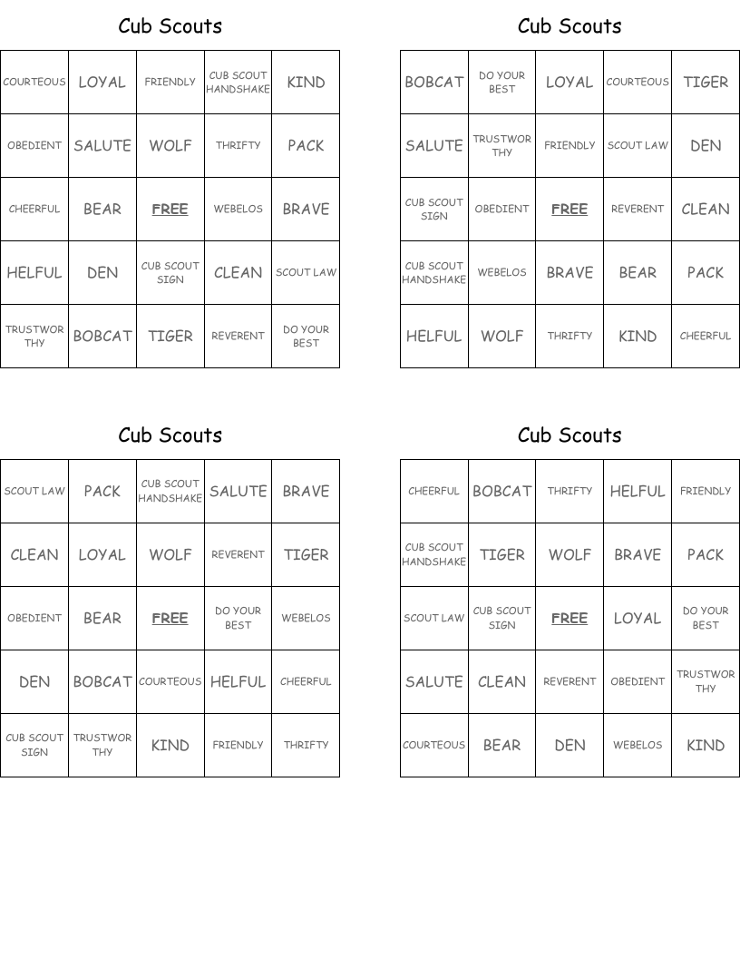 Cub Scouts  Bingo Cards