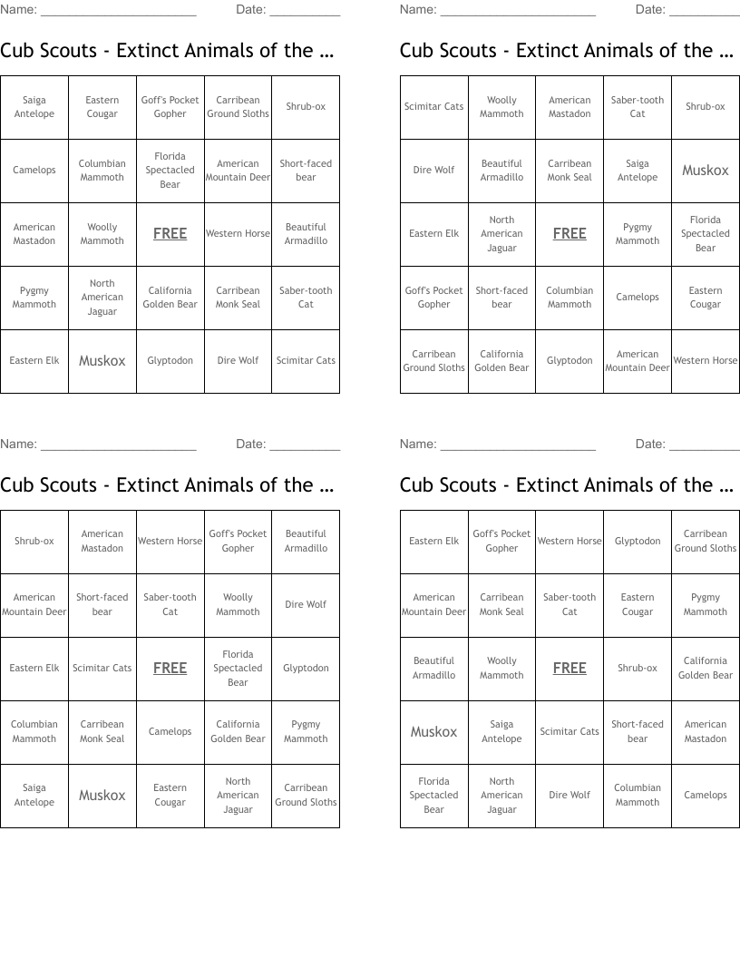 Cub Scouts - Extinct Animals of the U.S.A Bingo Cards