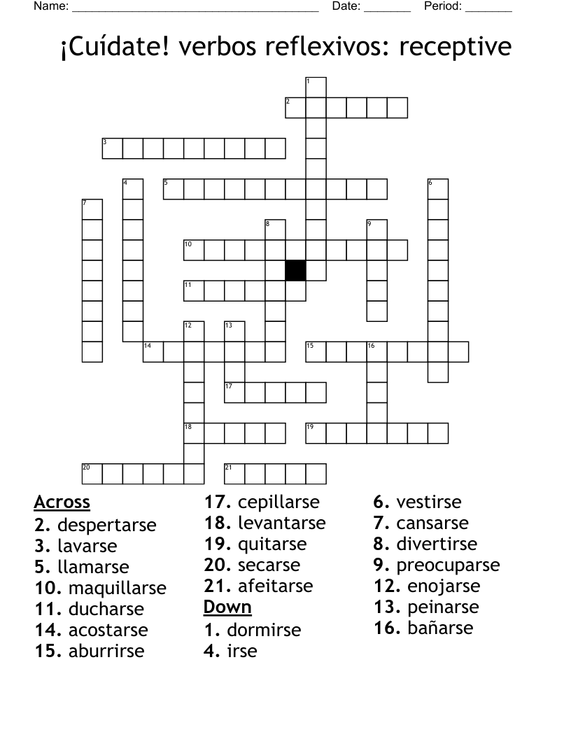 ¡Cuídate! verbos reflexivos: receptive Crossword
