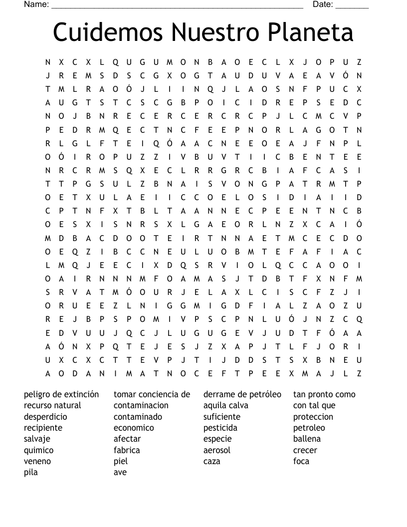 Cuidemos Nuestro Planeta Word Search