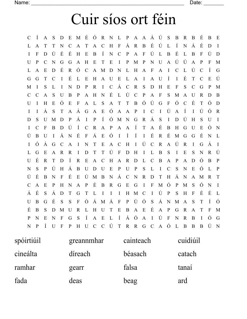 Cuir síos ort féin Word Search