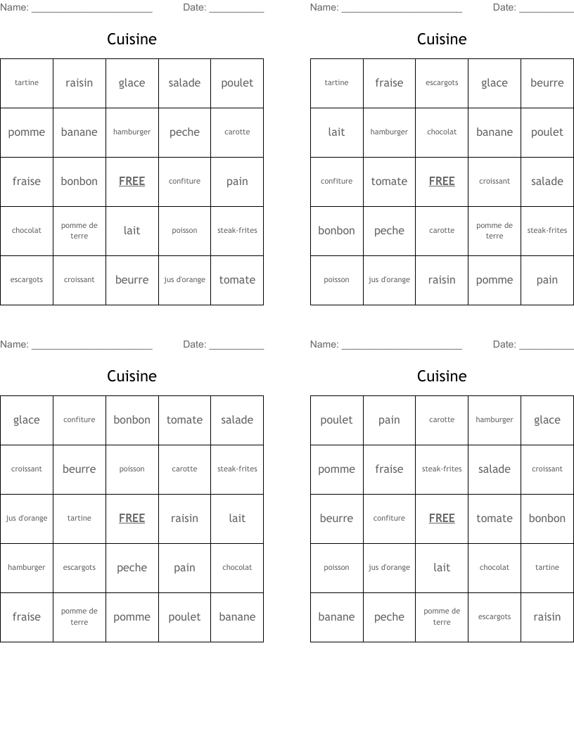 Cuisine Bingo Cards