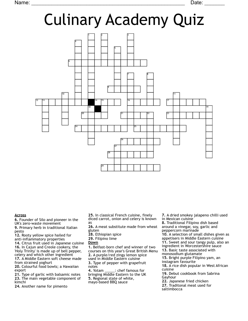 Culinary Academy Quiz Crossword