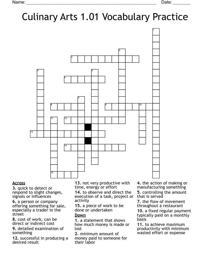 Culinary Arts 1.01 Vocabulary Practice Crossword