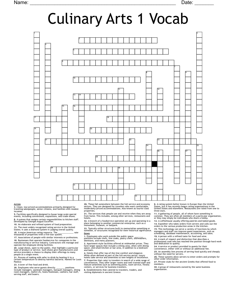 Culinary Arts 1 Vocab Crossword