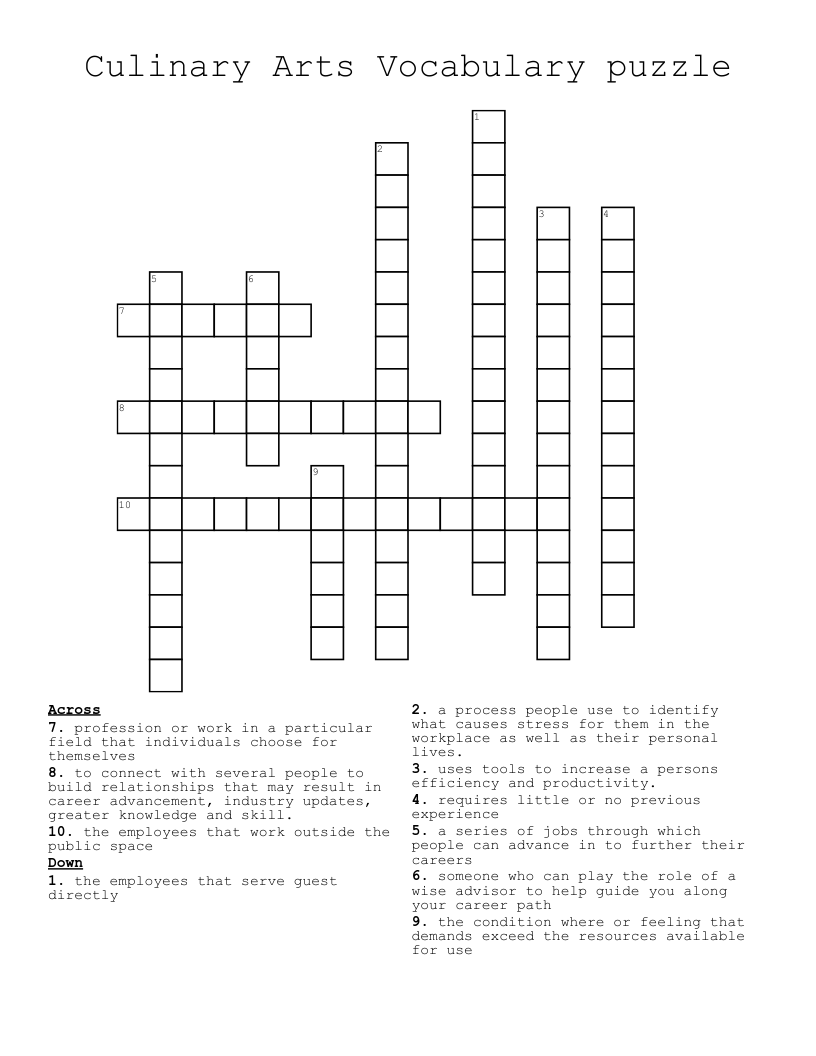 Culinary Arts Vocabulary puzzle Crossword