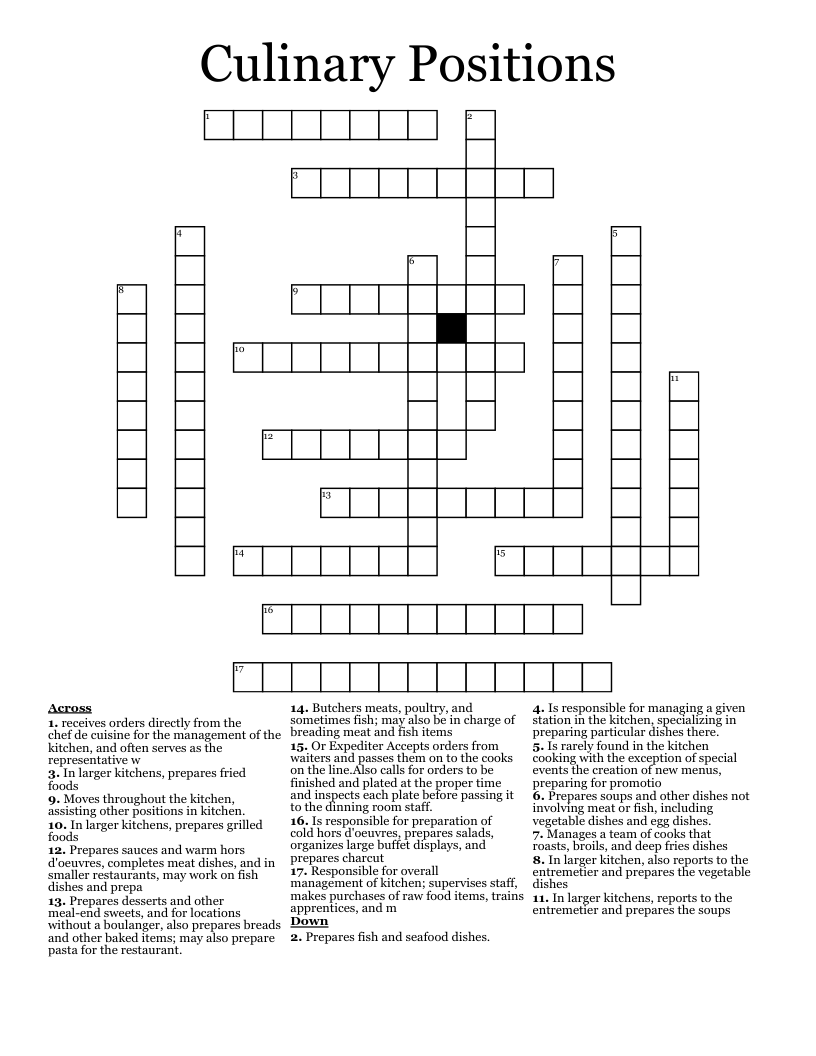 Culinary Positions Crossword