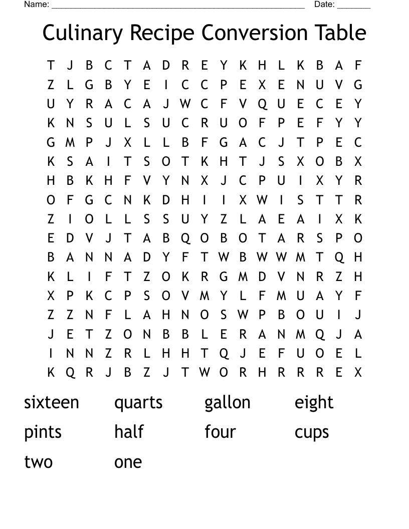 Culinary Recipe Conversion Table Word Search