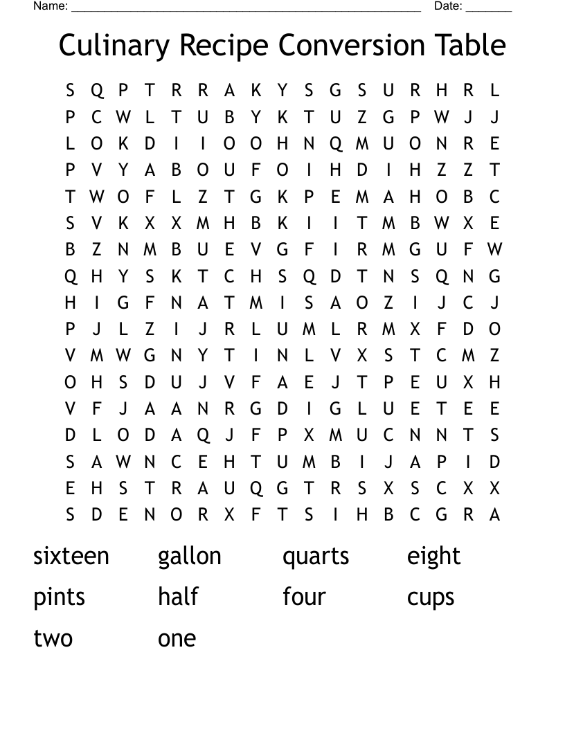 Culinary Recipe Conversion Table Word Search