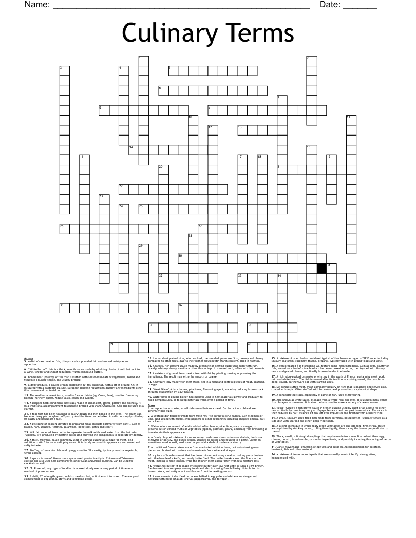 Culinary Terms Crossword