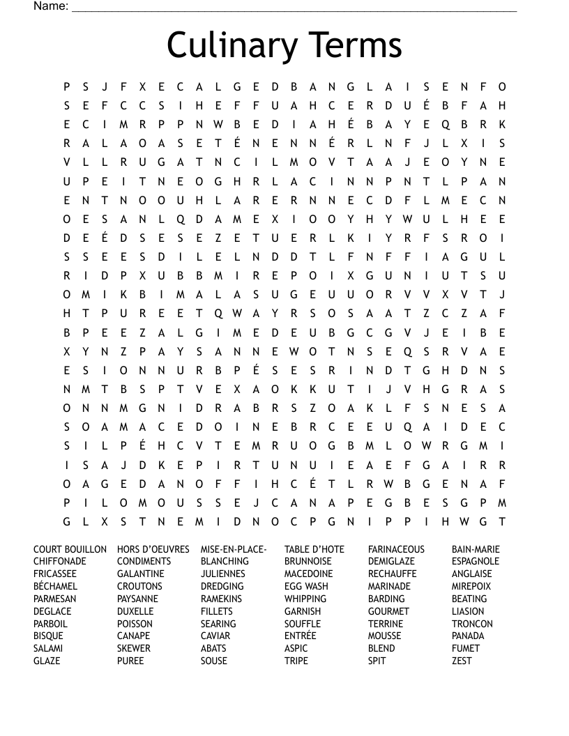 Culinary Terms Word Search