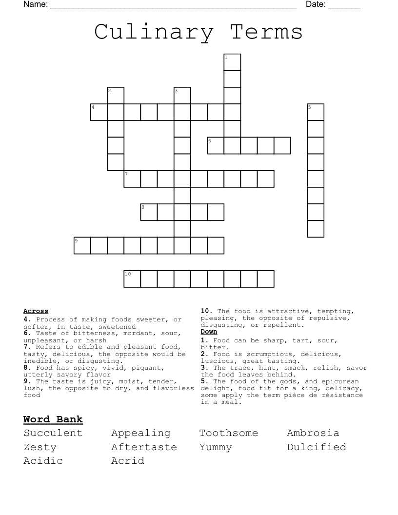 Culinary Terms Crossword