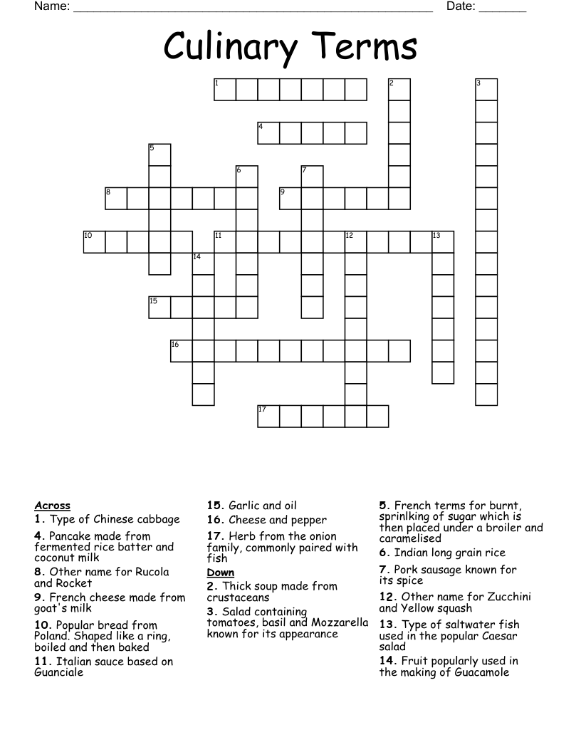 Culinary Terms Crossword