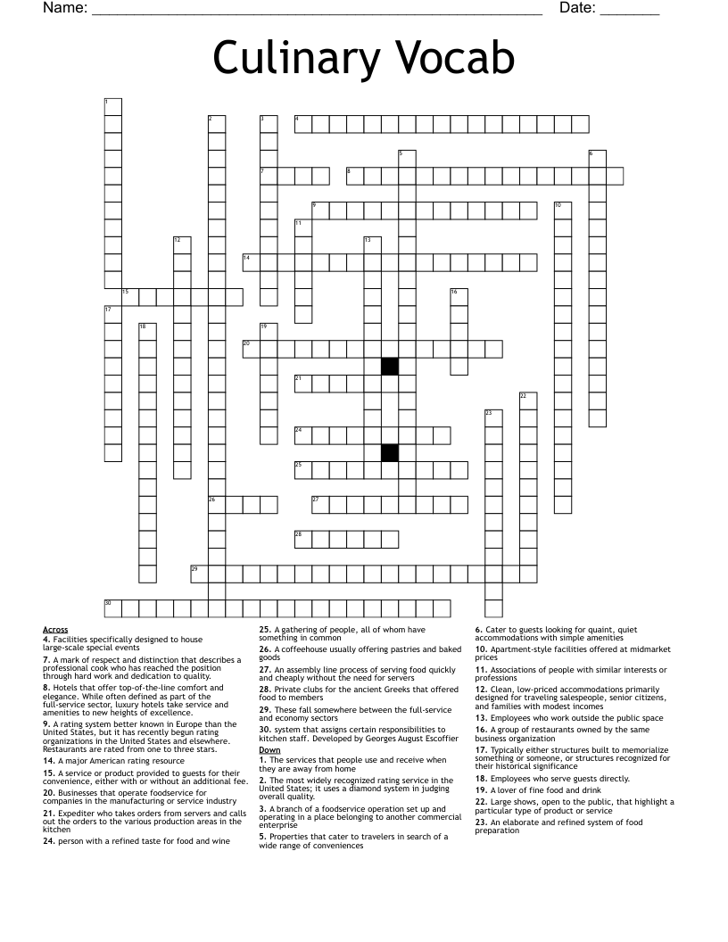 Culinary Vocab Crossword