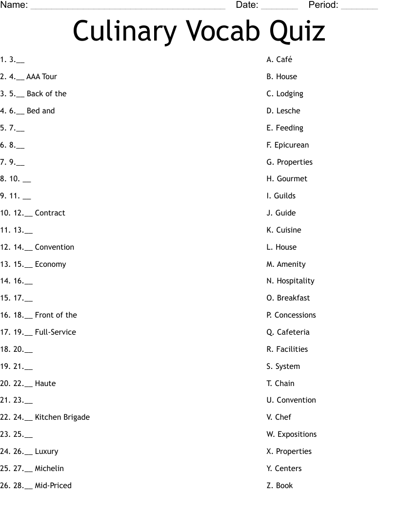 Culinary Vocab Quiz Worksheet