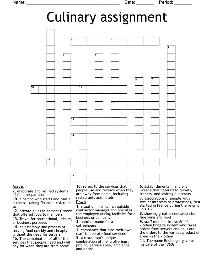 Culinary assignment  Crossword