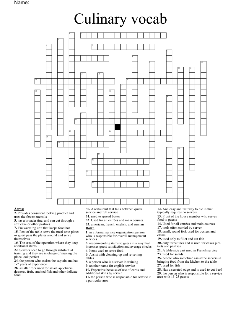 Culinary vocab Crossword