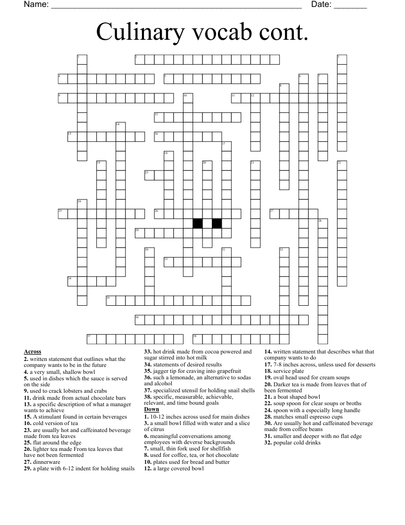 Culinary vocab cont.  Crossword