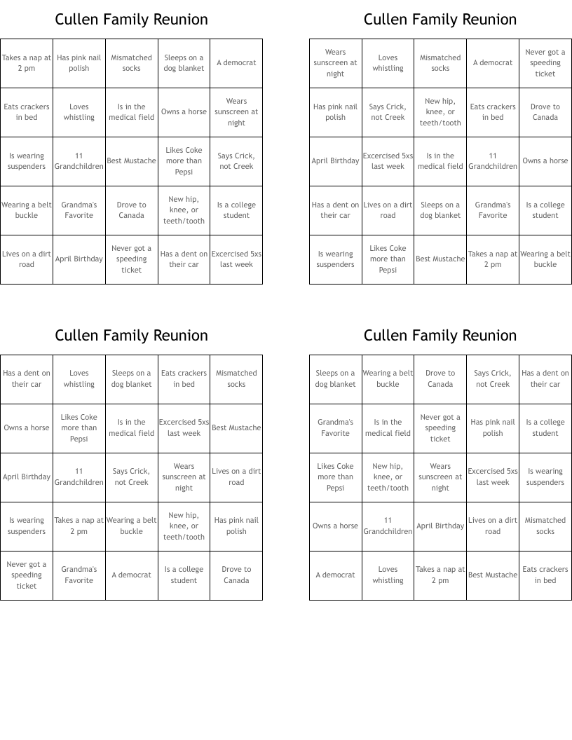 Cullen Family Reunion Bingo Cards