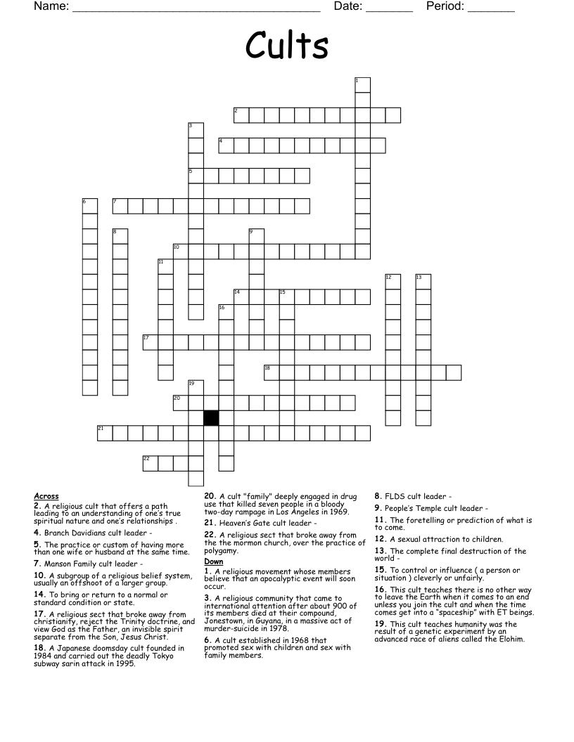 Cults Crossword