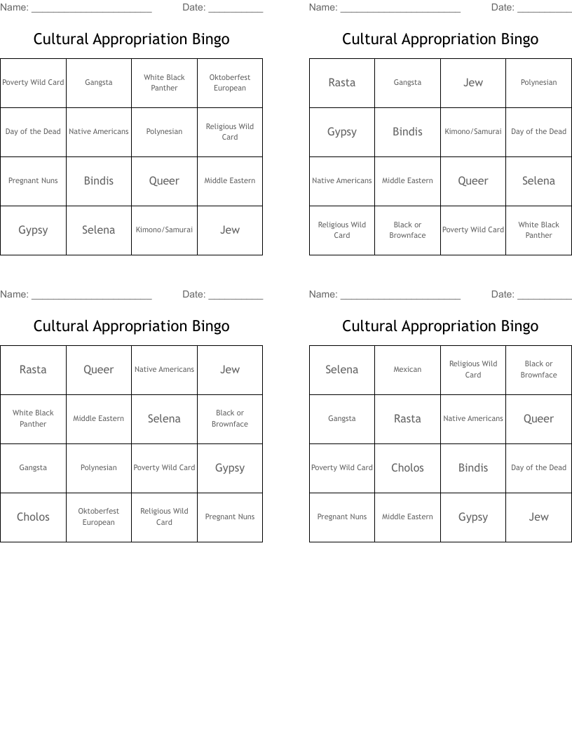 Cultural Appropriation Bingo