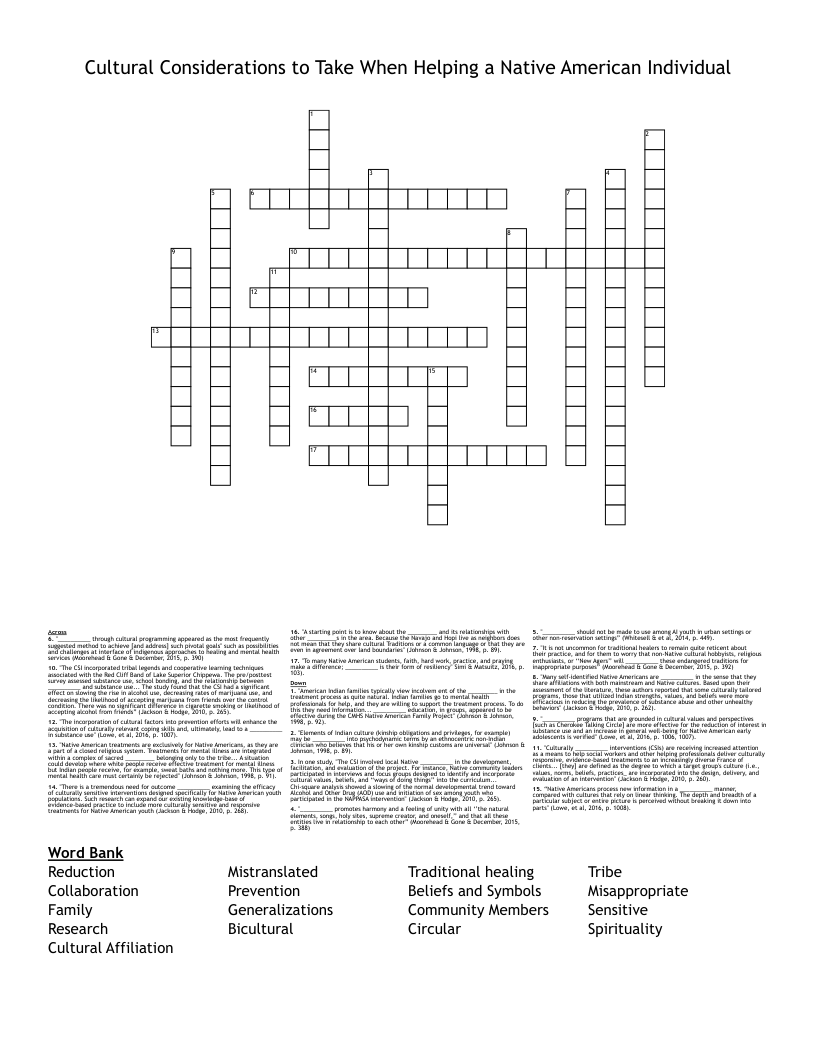 Cultural Considerations to Take When Helping a Native American Individual Crossword