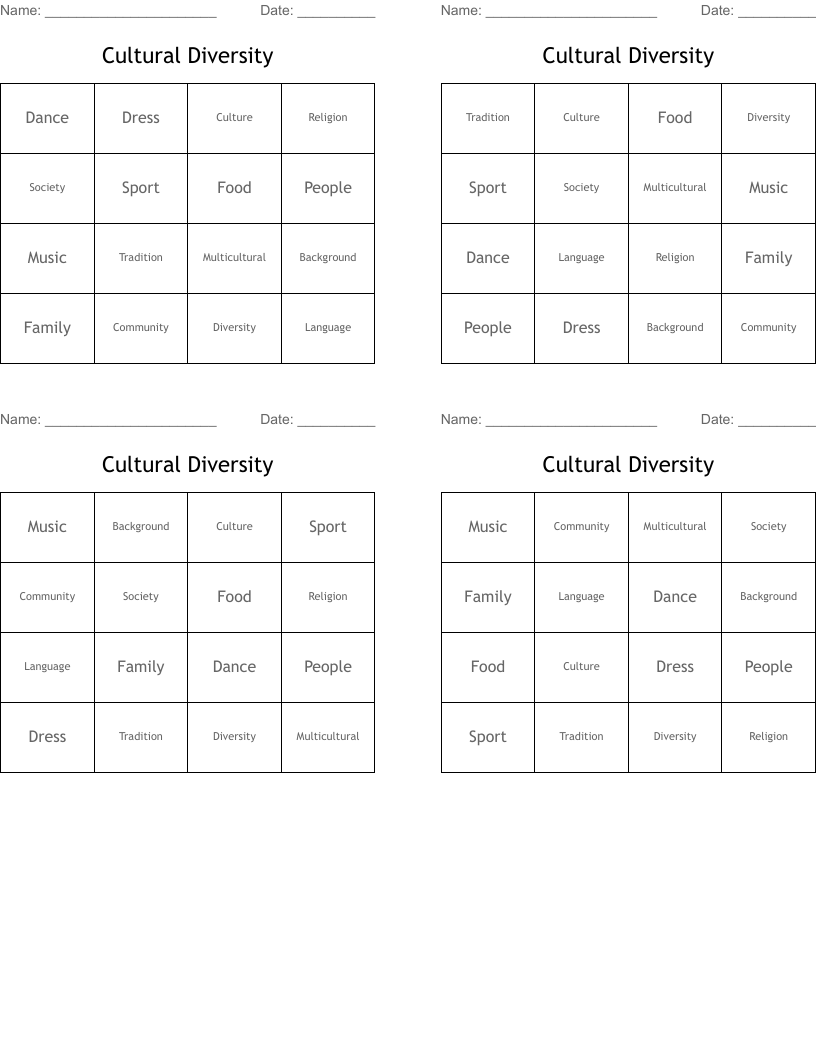 Cultural Diversity Bingo Cards