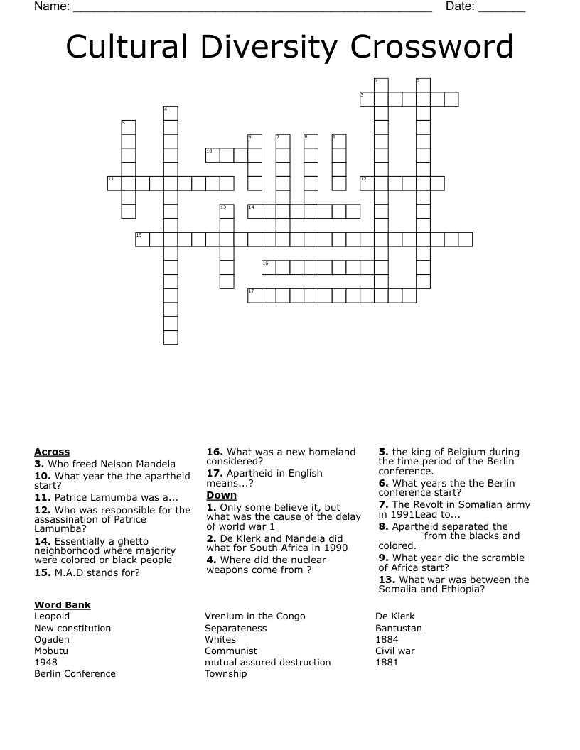 Cultural Diversity Crossword 