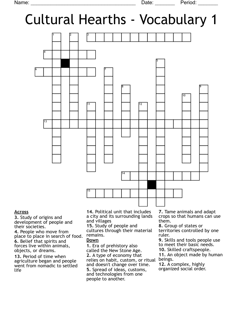 Cultural Hearths - Vocabulary 1 Crossword