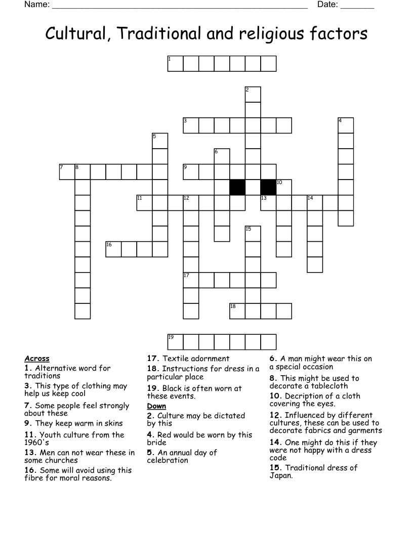 Cultural, Traditional and religious factors  Crossword