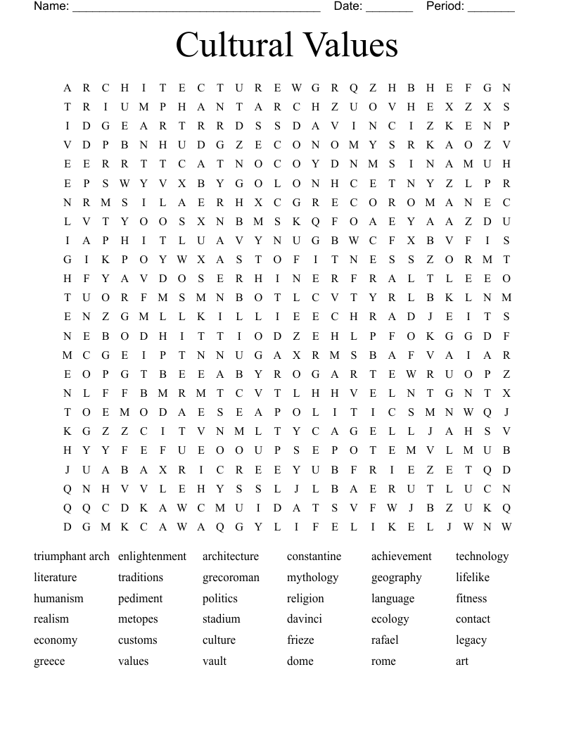 Cultural Values  Word Search