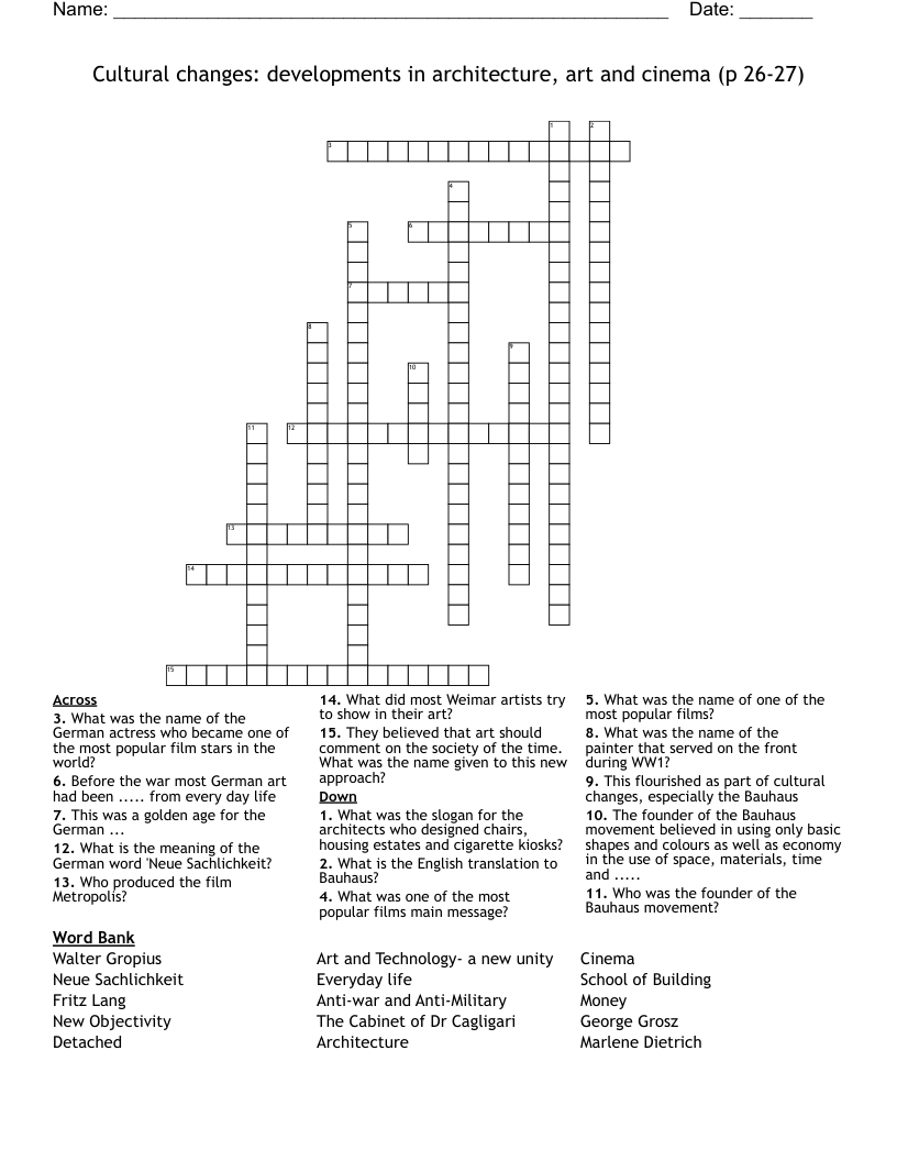 Cultural changes: developments in architecture, art and cinema (p 26-27) Crossword