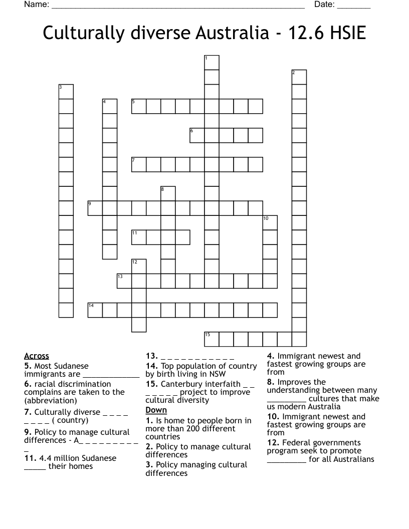 Culturally diverse Australia - 12.6 HSIE Crossword