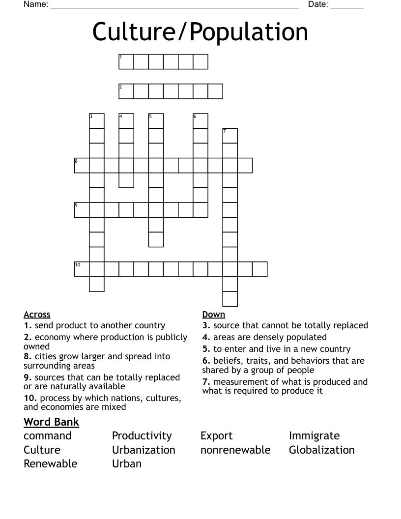 Culture/Population Crossword