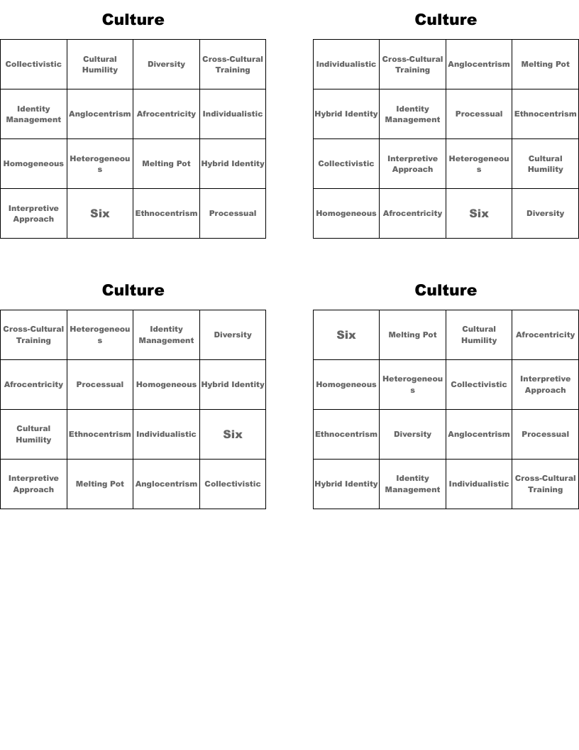 Culture Bingo Cards