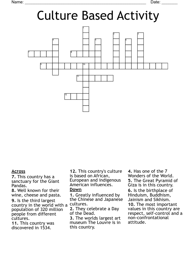 Culture Based Activity Crossword