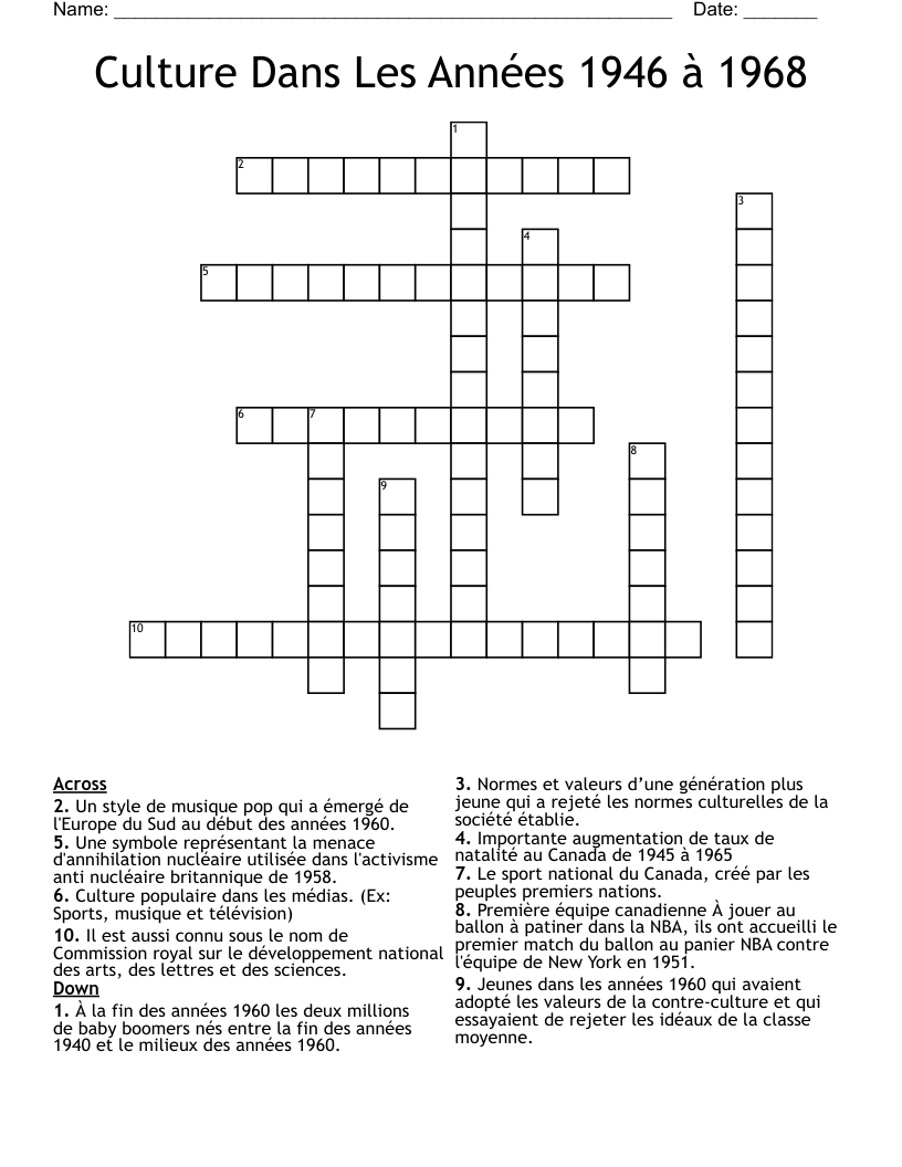Culture Dans Les Années 1946 à 1968 Crossword