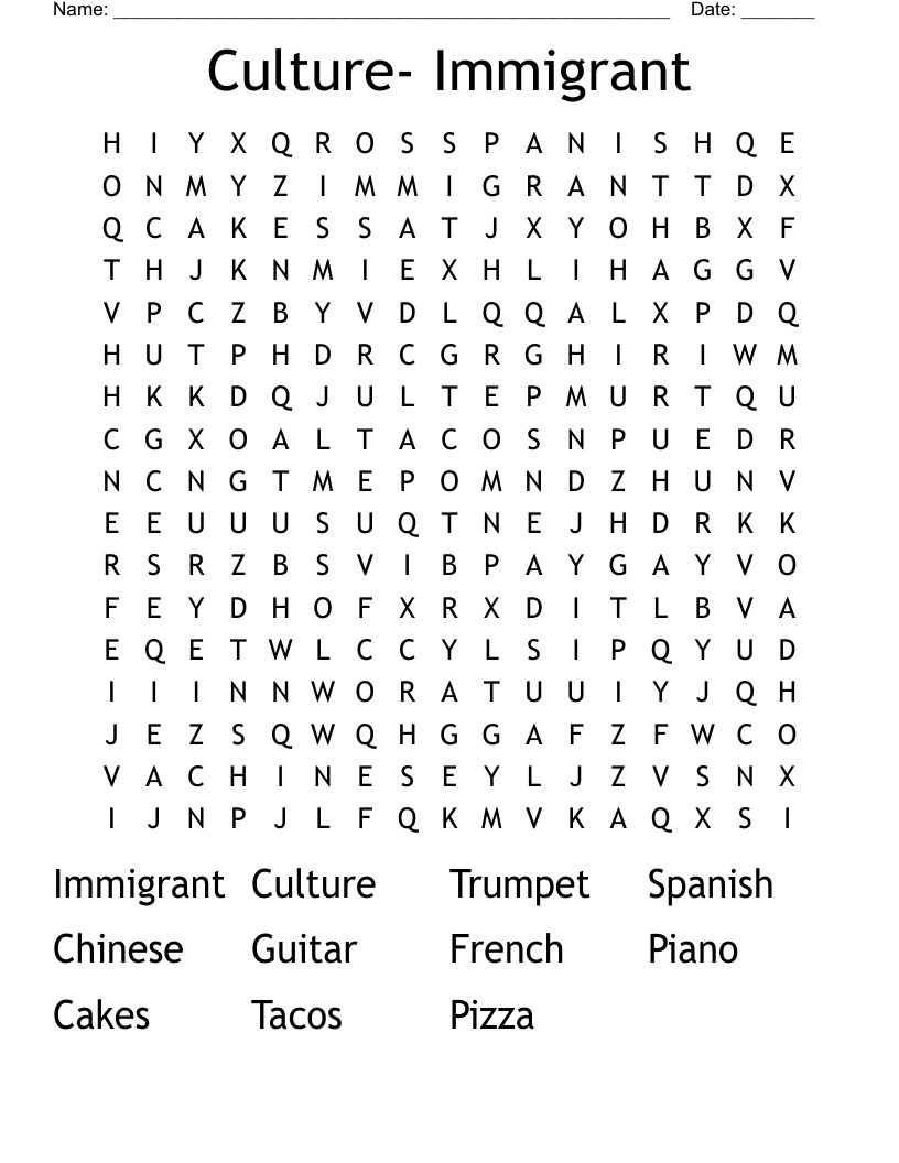 Culture- Immigrant Word Search