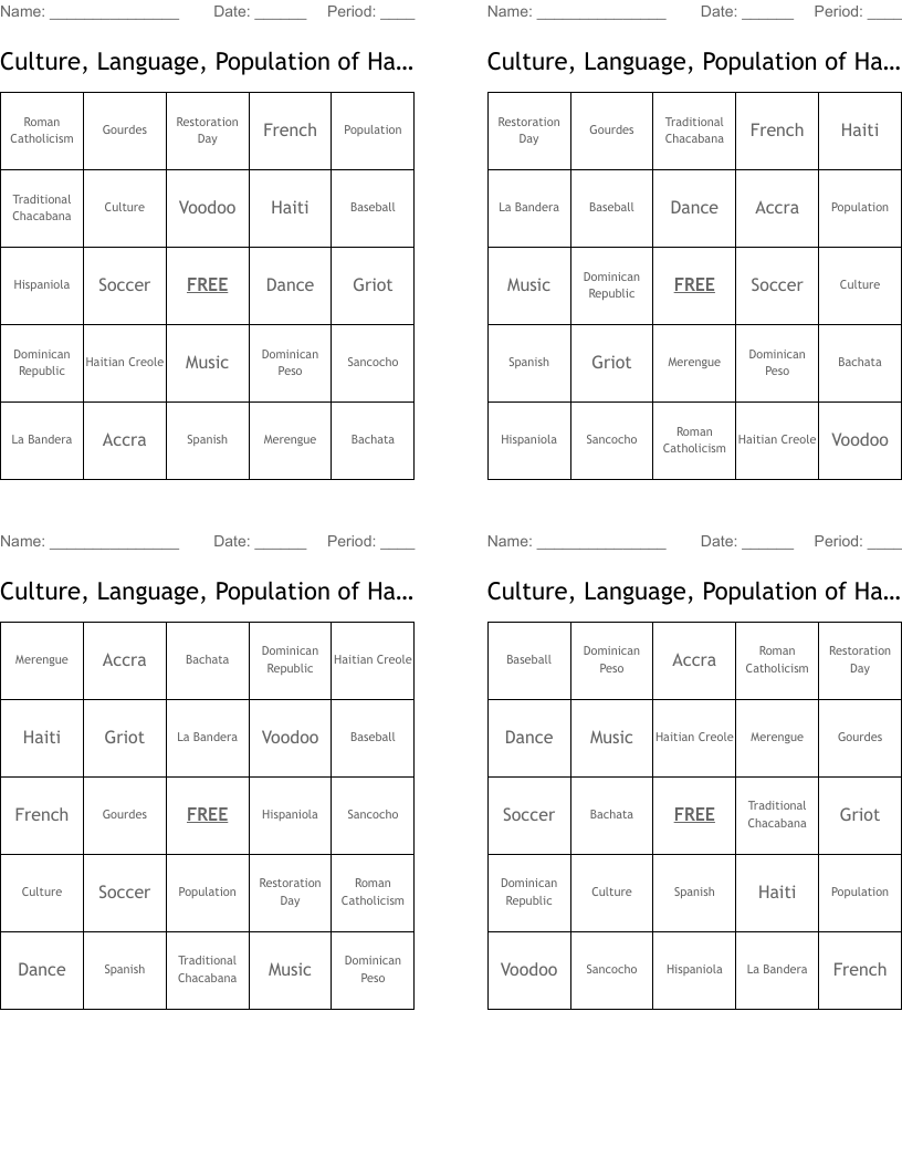 Culture, Language, Population of Haiti and Dominican Republic Bingo Cards