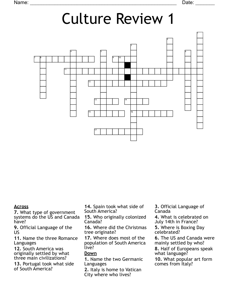 Culture Review 1 Crossword