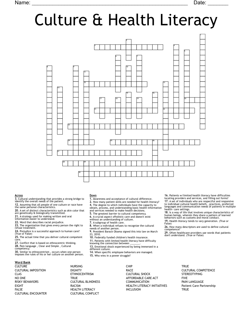 Culture & Health Literacy Crossword