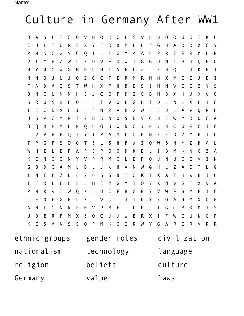 Culture in Germany After WW1 Word Search