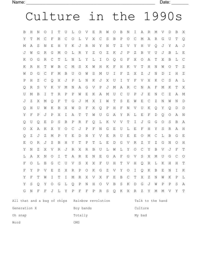 Culture in the 1990s Word Search