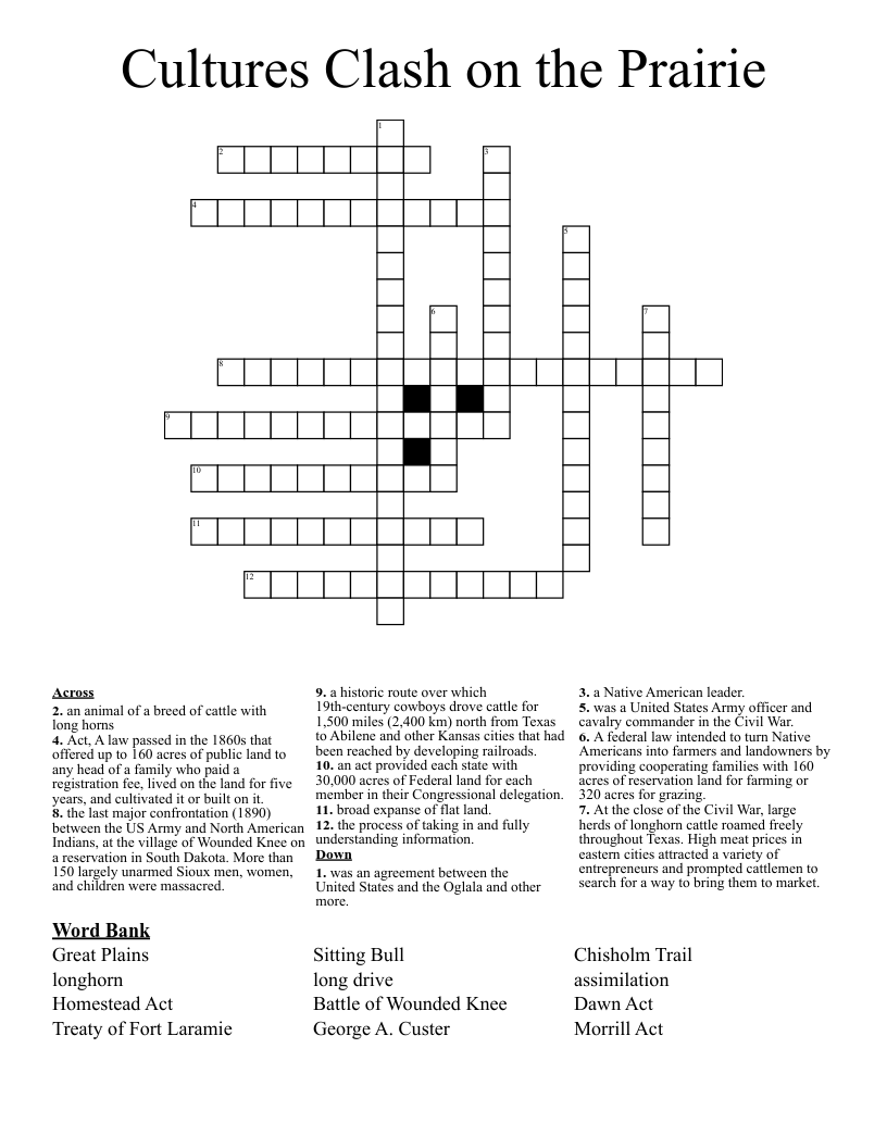 Cultures Clash on the Prairie  Crossword