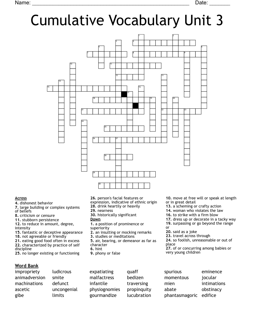 Cumulative Vocabulary Unit 3   Crossword