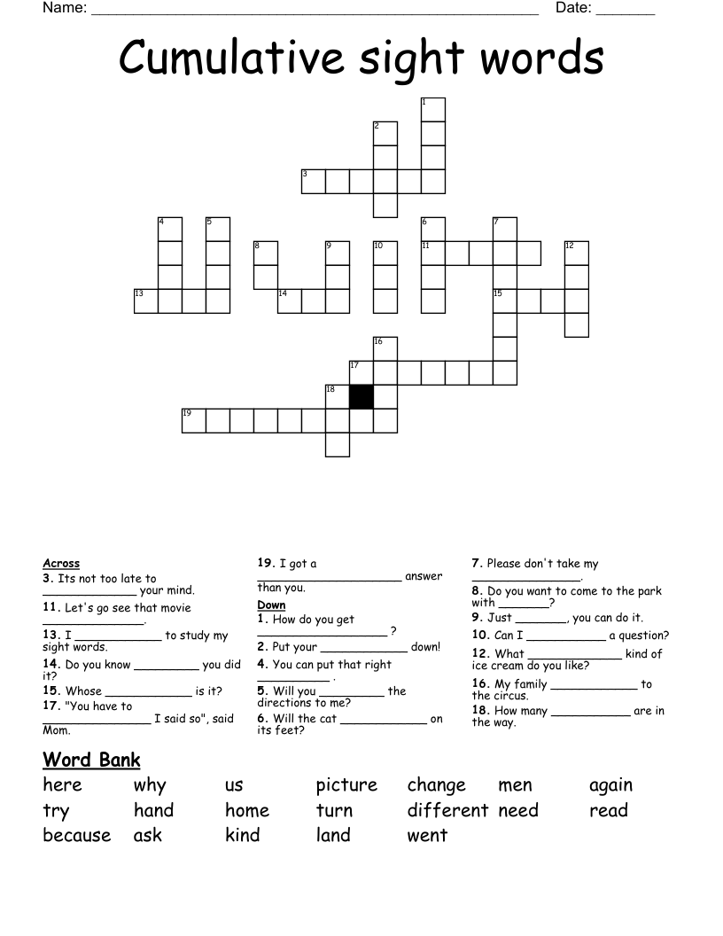 Cumulative sight words Crossword