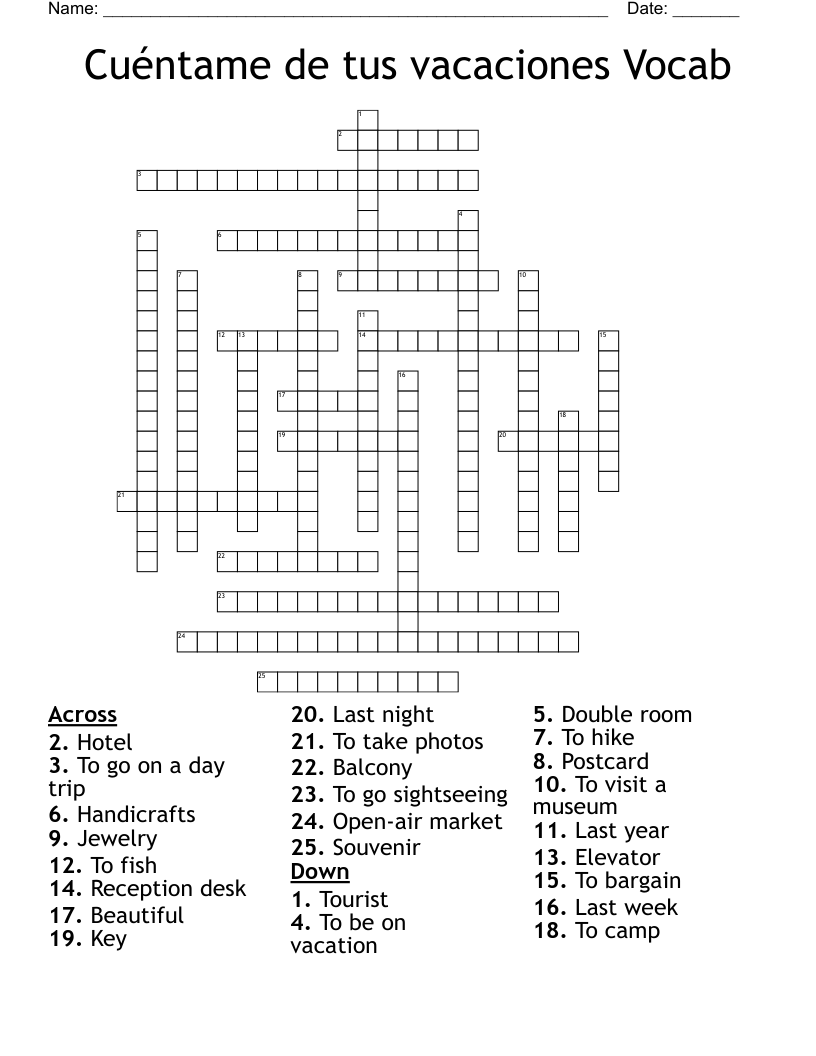 Cuéntame de tus vacaciones Vocab Crossword
